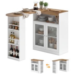 Mesa de bar extensible y giratoria 90° con estantes abiertos y 2 puertas de vidrio, 150x80x105,5 cm, blanco y natural