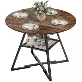 Mesa de comedor redonda para 4 personas con estante, marco metálico, Ø100x76 cm, marrón rústico