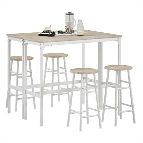 Conjunto de 2 Mesas Altas de Bar con 4 Taburetes Mesas Altas de Cocina con Taburetes Marco de Acero Estilo Industrial Natural y Blanco
