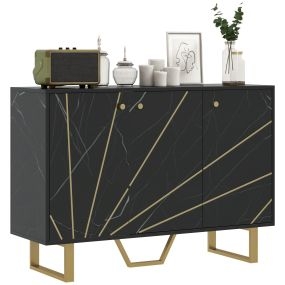 Aparador moderno de salón con 2 puertas, estante ajustable, efecto mármol, negro y dorado, 107x35x75 cm