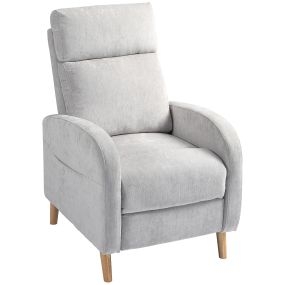 Sillón relax reclinable manual tapizado en lino sintético gris claro con reposapiés y bolsillo lateral