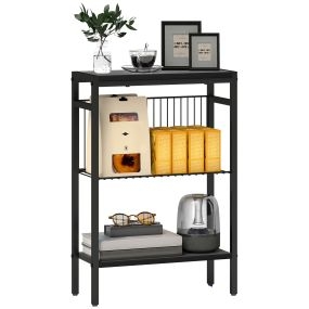 Mesa auxiliar estrecha de 3 niveles industrial con estantes abiertos y estructura de acero negro 43x18x62,5 cm