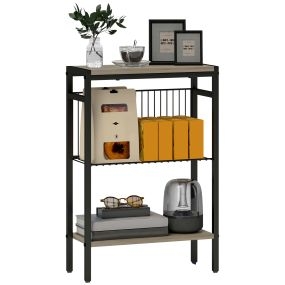 Mesa auxiliar estrecha de 3 niveles con estantes abiertos y estructura de acero, roble envejecido 43x18x62,5 cm