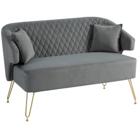 Sofá de 2 plazas tapizado en terciopelo gris con 2 almohadas, patas de acero doradas, 124x69x76 cm