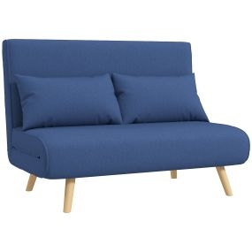 Sofá cama 2 plazas plegable tapizado en lino azul oscuro 120x75x85 cm con 2 almohadas