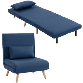 Sofá cama individual plegable 3 en 1 tapizado en lino azul oscuro con respaldo ajustable y 1 almohada