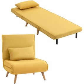 Sofá cama individual plegable 3 en 1 tapizado en lino amarillo con respaldo ajustable y 1 almohada