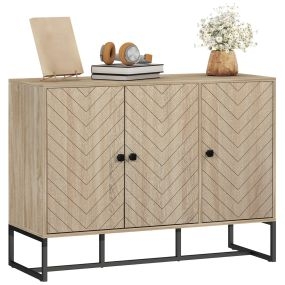 Aparador de 3 puertas diseño chevron roble con estantes ajustables y patas de metal 108x40x80 cm