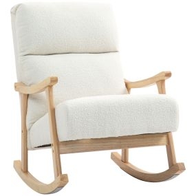 Silla mecedora de borreguito moderna con patas y reposabrazos de madera de caucho, crema