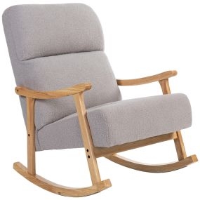 Silla mecedora de borreguito gris claro con patas y reposabrazos de madera de caucho, respaldo alto, 120 kg