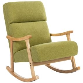 Silla mecedora de borreguito moderna con patas y reposabrazos de madera de caucho, verde claro
