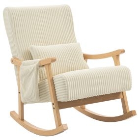 Silla mecedora de pana con cojín lumbar, patas y reposabrazos de madera, beige