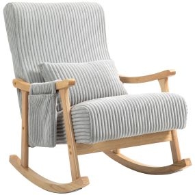 Silla mecedora de pana gris con cojín lumbar, patas y reposabrazos de madera, 120 kg