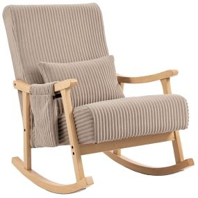 Silla mecedora de pana con cojín lumbar, patas y reposabrazos de madera, marrón claro