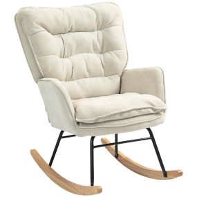 Silla mecedora moderna tapizada en chenilla beige con patas de madera y reposabrazos