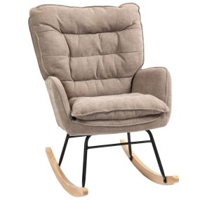 Silla mecedora moderna tapizada en chenilla marrón con respaldo ancho y patas de madera