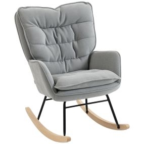 Silla mecedora moderna tapizada en chenilla gris claro con patas de madera y reposabrazos