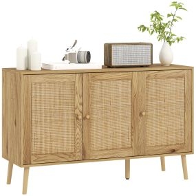 Aparador de ratán con 3 puertas y estantes ajustables, madera natural, 120x40x75 cm