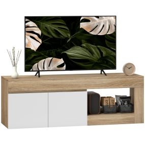 Mueble de TV Moderno, Mesa de TV para Salón con 2 Puertas, Estante Abierto, para Televisión 60 Pulgadas, 140x40x48 cm, Blanco y Natural