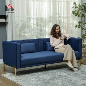 Sofá de 3 plazas de 194,5 cm tapizado en terciopelo azul marino con 2 almohadas y patas doradas