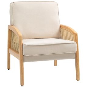 Sillón tapizado en chenilla con reposabrazos de ratán sintético y 1 almohada lavable beige 67x75x88 cm