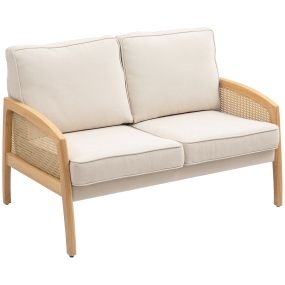 Sofá de 2 plazas tapizado en chenilla beige con 2 almohadas lavables y reposabrazos de ratán sintético 123x75x88 cm carga 240 kg