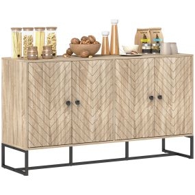 Aparador de 4 puertas con diseño chevron, estantes ajustables, patas de acero, roble, 140,5x40x81,5 cm