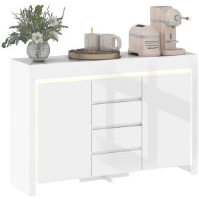 Aparador con luces LED, 4 cajones, cierre suave, estantes ajustables, mando a distancia, blanco brillo 120x34x80 cm