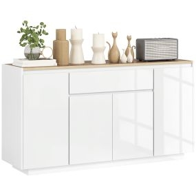 Aparador de 4 Puertas Aparador de Salón con Cajón y Estantes Ajustables para Dormitorio Sala de Estar 140x40x75 cm Natural y Blanco Brillo
