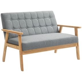 Sillón de 2 plazas tapizado en lino con reposabrazos de madera y respaldo acolchado gris claro