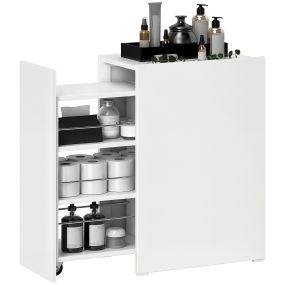 Armario de baño estrecho con cajón deslizante y ruedas 47x30x66,5 cm blanco