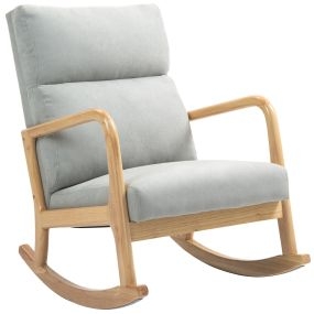 Silla mecedora tapizada en lino con patas de madera de caucho y reposabrazos gris para lactancia