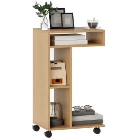 Mesa auxiliar multifuncional en C con ruedas y compartimentos abiertos 40x30x69 cm roble