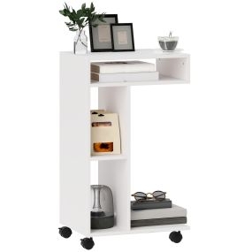 Mesa auxiliar multifuncional en C con ruedas y compartimentos abiertos 40x30x69 cm blanco
