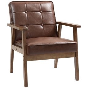 Sillón individual tapizado en PU con reposabrazos de madera y respaldo acolchado, marrón