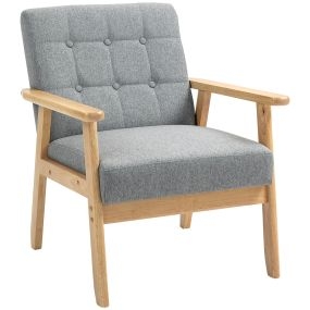 Sillón individual tapizado en lino con reposabrazos de madera y respaldo acolchado gris claro