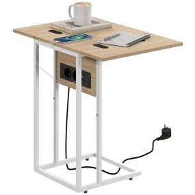 Mesa auxiliar forma de C con encimera plegable y estación de carga USB y USB-C 39x29x57 cm blanco y natural