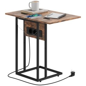 Mesa auxiliar forma C con encimera plegable, estación de carga, USB y USB-C, 39x29x57 cm, marrón rústico
