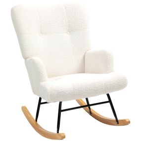 Silla mecedora de terciopelo Teddy con respaldo alto, patas de madera de caucho, crema