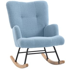 Silla mecedora de terciopelo teddy con respaldo alto, patas de madera de caucho, azul claro