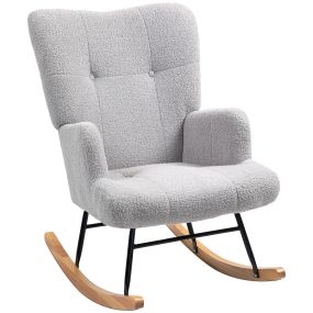 Silla mecedora de terciopelo teddy con respaldo alto, patas de madera de caucho, gris claro
