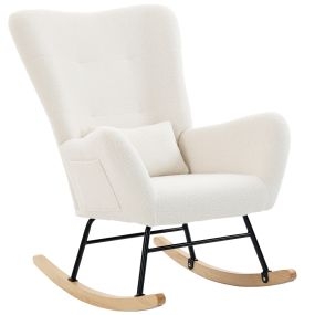Silla Mecedora Moderna, Mecedora Tapizada en Terciopelo de Teddy, Sillón de Lactancia con Respaldo Acolchado Alto, Almohada, Patas de Madera, Bolsillo Lateral, para Dormitorio, Salón, Crema