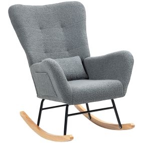 Silla mecedora moderna tapizada en terciopelo teddy gris con respaldo alto y patas de madera