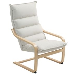 Butaca de salón moderna tapizada en terciopelo crema con respaldo alto y patas de madera