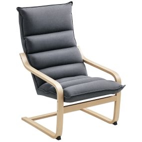 Sillón de salón moderno tapizado en terciopelo gris con respaldo alto y patas de madera
