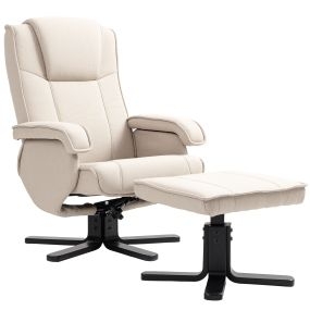 Sillón Relax Reclinable con Reposapiés Butaca de Salón Giratoria Tapizado en Lino con Base de Madera Butaca para Dormitorio Sala de Estar Beige