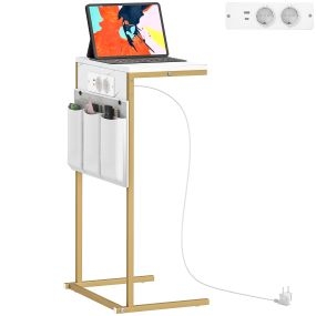 Mesa auxiliar con estación de carga, 2 puertos USB, 1 USB-C y bolsillo organizador, blanco