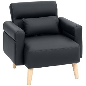 Sillón de salón tapizado en cuero sintético negro de 77 cm con reposabrazos y patas de madera