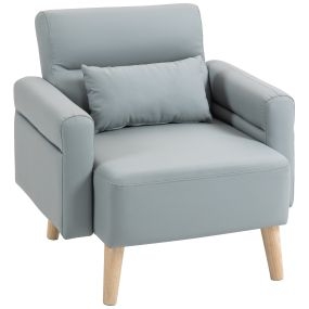 Sillón tapizado en cuero sintético gris de 77 cm con reposabrazos y patas de madera