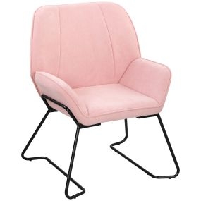 Butaca de salón moderna tapizada en terciopelo rosa con asiento ancho de 46 cm y patas de metal
